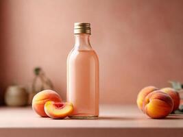 AI generated Bottle mockup on a backdrop in trendy Peach Fuzz color. Background with selective focus and copy space photo