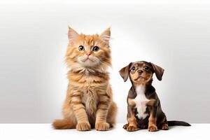 AI generated Banner with a cat and a dog looking up, isolated on white background photo