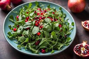 AI generated Arugula and pomegranate top view salad. photo