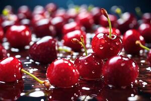 AI generated Fresh cherries background, adorned with glistening droplets of water photo