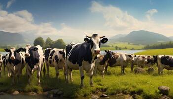 AI generated Group of cows together gathering in a field. Countryside background photo