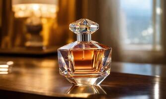 AI generated Luxury crystal perfume bottle standing on a reflective table with light curtains in the background photo
