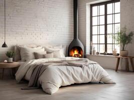 AI generated Bed with pillows and coverlet near fireplace against white brick wall. Loft, scandinavian interior design of modern bedroom. photo