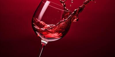 AI generated Splashing red wine in a wine glass imitation close up on red background photo