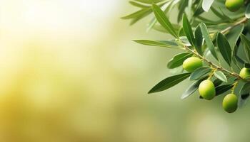 AI generated Green Olive Branch on blur Nature Background with Copy Space photo