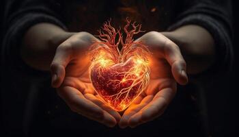 AI generated Glowing human heart in hands photo