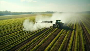 ai generado un tractor aerosoles un agrícola campo con fertilizante foto