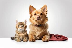 AI generated Banner with a cat and a dog looking up, isolated on white background photo