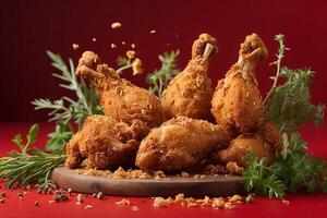 AI generated crunchy fried chicken surrounded by herbs flying in red background photo