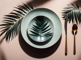 AI generated Top view of a minimalistic tablescape with plates and cups, accented by the artistic shadow of a palm leaf photo