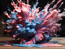 AI generated Frozen moment capturing the beautiful chaos of pink and blue paint exploding outwards in a dynamic and colorful display photo