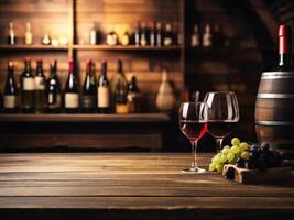 AI generated Wooden table in a Wine Cellar with alcoholic drinks indoors. Background with selective focus and copy space photo