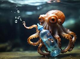 AI generated An octopus holding a plastic bottle photo