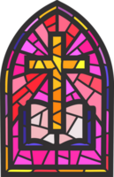 Church glass window. Stained mosaic catholic frame with religious symbol cross and book of the Bible png