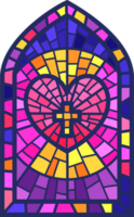 Church glass window. Stained mosaic catholic frame with religious symbol heart with cross. Color illustration png