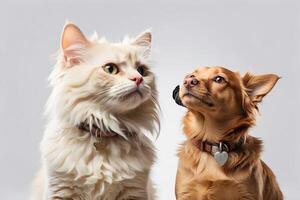 AI generated Banner with a cat and a dog looking up, isolated on white background photo