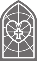 Church glass window. Stained mosaic catholic and christian frame with cross and heart. Gothic medieval outline arch png