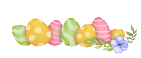 hand drawn watercolor easter eggs and flowers border composition. cute Paschal element isolated on transparent background png