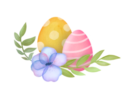 cute easter eggs and flower. watercolor paschal illustration isolated on transparent background. traditional Christian holiday symbol png