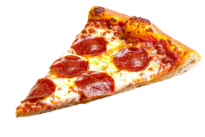 AI generated A single slice of pepperoni pizza with melted cheese and pepperoni on top isolated on transparent background, png