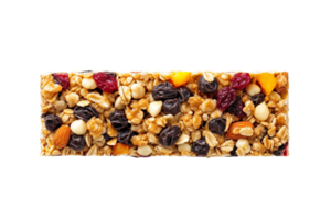 ai gerado uma granola Barra com uma misturar do aveia, nozes, e seco frutas isolado em transparente fundo, png