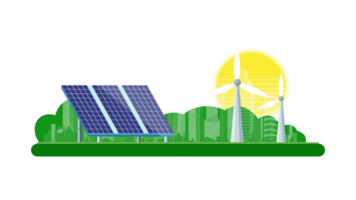 Renewable energy, solar panels and wind turbines generating electricity green energy renewable, clean electric energy from renewable sources sun, wind, solar panels and wind turbines on city skyline png