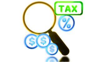 Looping neon glow effect tax and financial audit magnifying glass icon png