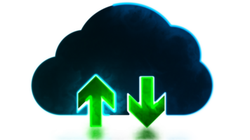 Neon- Licht bewirken Wolke Wird geladen Symbol, senden Daten, schwarz Hintergrund png