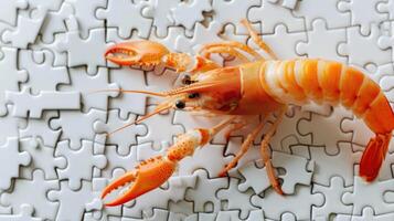AI generated Quirky top view of a cute prawn solving a jigsaw puzzle, charming and unexpected. Ai Generated photo