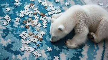 AI generated Sweet top view of a cute polar bear solving a jigsaw puzzle, clever and adorable. Ai Generated photo