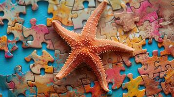 AI generated Adorable starfish immersed in a delightful jigsaw puzzle, Ai Generated. photo