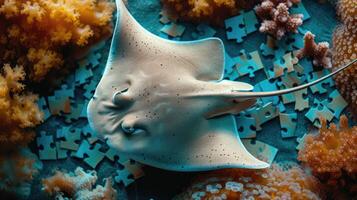 ai generado adorable mantarraya teniendo divertido con un rompecabezas rompecabezas, ai generado. foto