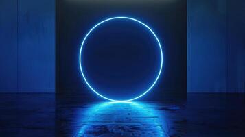 AI generated Neon blue geometric circle stands out against a dark background, creating a captivating contrast. Ai Generated photo