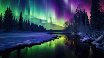 AI generated Winter aurora paints a mesmerizing spectrum of colors across the night sky, Ai Generated. photo