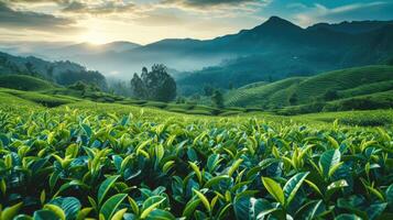 AI generated tea fields nestled against mountain backdrop, green tea leaves sway, Ai Generated. photo