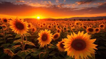 AI generated vibrant sunflowers basking in the setting sun's warmth. Ai Generated photo