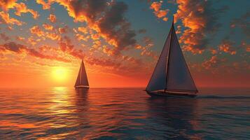 ai generado dos veleros graciosamente planeo en el del océano puesta de sol matices ai generado foto