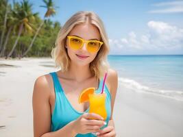 ai generado contento mujer con Gafas de sol y un vaso de naranja jugo en trópico playa. foto