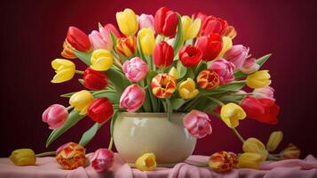 AI generated Fresh yellow and pink tulips grace a contrasting red fabric, creating a vibrant and visually striking floral arrangement. Ai Generated. photo