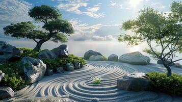 AI generated Tranquil Zen garden, a harmonious blend of nature and simplicity, inviting peace and reflection. Ai Generated photo