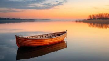 ai generado un solitario de madera barco flotadores en un lago, sus reflexión reflejado en el calma aguas, ai generado. foto