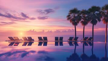 AI generated Palms chairs encircle an infinity swimming pool near the ocean at sunset, Ai Generated photo