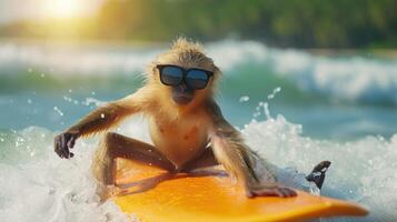 AI generated A cute gibbon surfer enjoys a fun-filled summer day at the beach, riding waves with enthusiasm, Ai Generated. photo