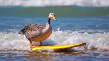 AI generated A cute goose surfer enjoys a fun-filled summer day at the beach, riding waves with enthusiasm, Ai Generated. photo