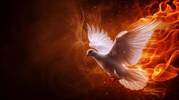 AI generated Majestic white dove soars amidst flames on dark backdrop, symbolizing peace, Ai Generated. photo