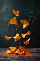AI generated Crunchy fresh Doritos soar through the air against a dark backdrop, enticingly delicious, Ai Generated. photo