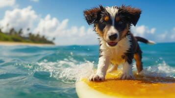 ai generado un linda perrito tablista disfruta un lleno de diversión verano día a el playa, montando olas con entusiasmo, ai generado. foto