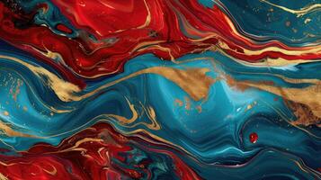 AI generated Mesmerizing waves of blue topaz, red ruby, and gold liquid create a luxurious wallpaper, Ai Generated. photo