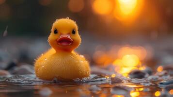 AI generated Close-up of a rubber duck floating on water, its cheerful presence brightening the scene, Ai Generated. photo