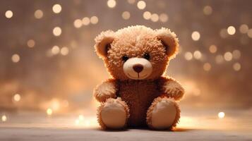 AI generated Plush teddy bear seated against a backdrop of twinkling bokeh lights. Ai Generated photo